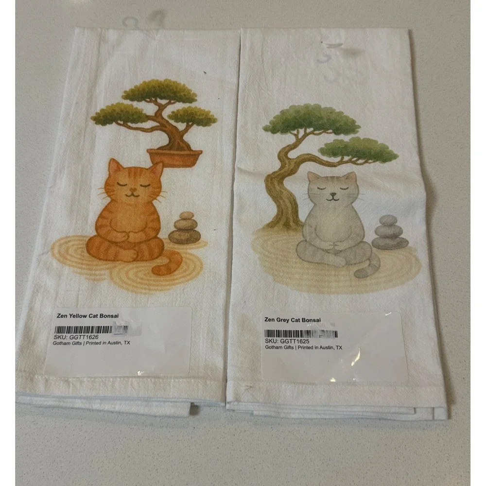 Gotham Gifts Zen Cat Bonsai Tea Towel Set of 2 Yellow & Grey Meditating Cats NEW